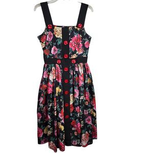 Pinup Girl Rockabilly Swing Dress Black Floral Sleeveless Buttons Sz M ?
